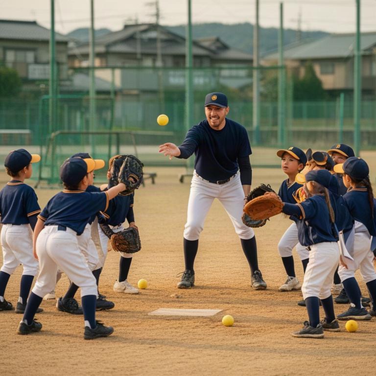 松橋町の練習場でコーチと子どもたちがキャッチボールをする様子